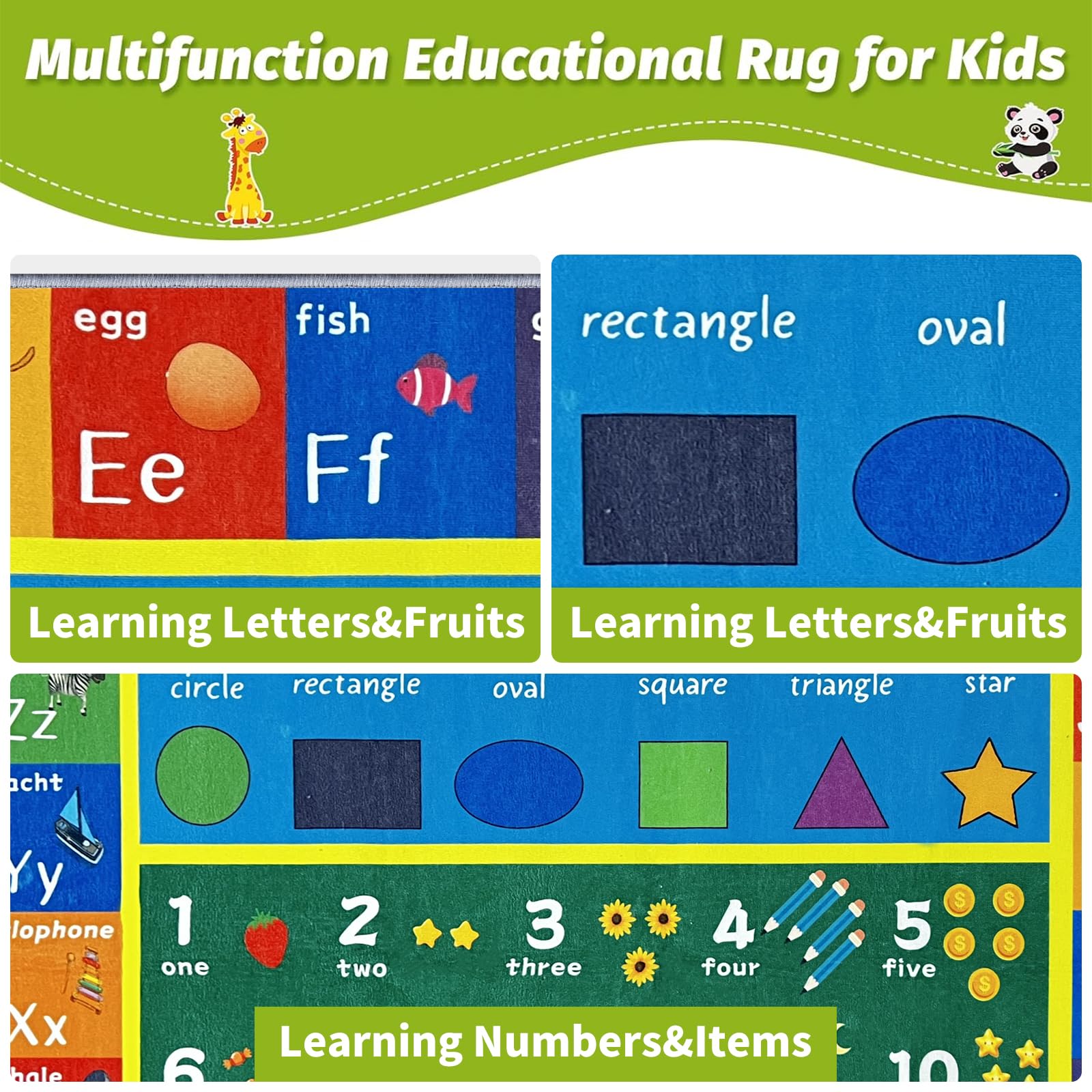 Lernteppich für Kinder, großes ABC-Alphabet und Zahlen, Lernteppich für Spielzimmer und Klassenzimmer, rutschfeste und waschbare Spielmatte, lustige und interaktive Bodenmatte (grünes