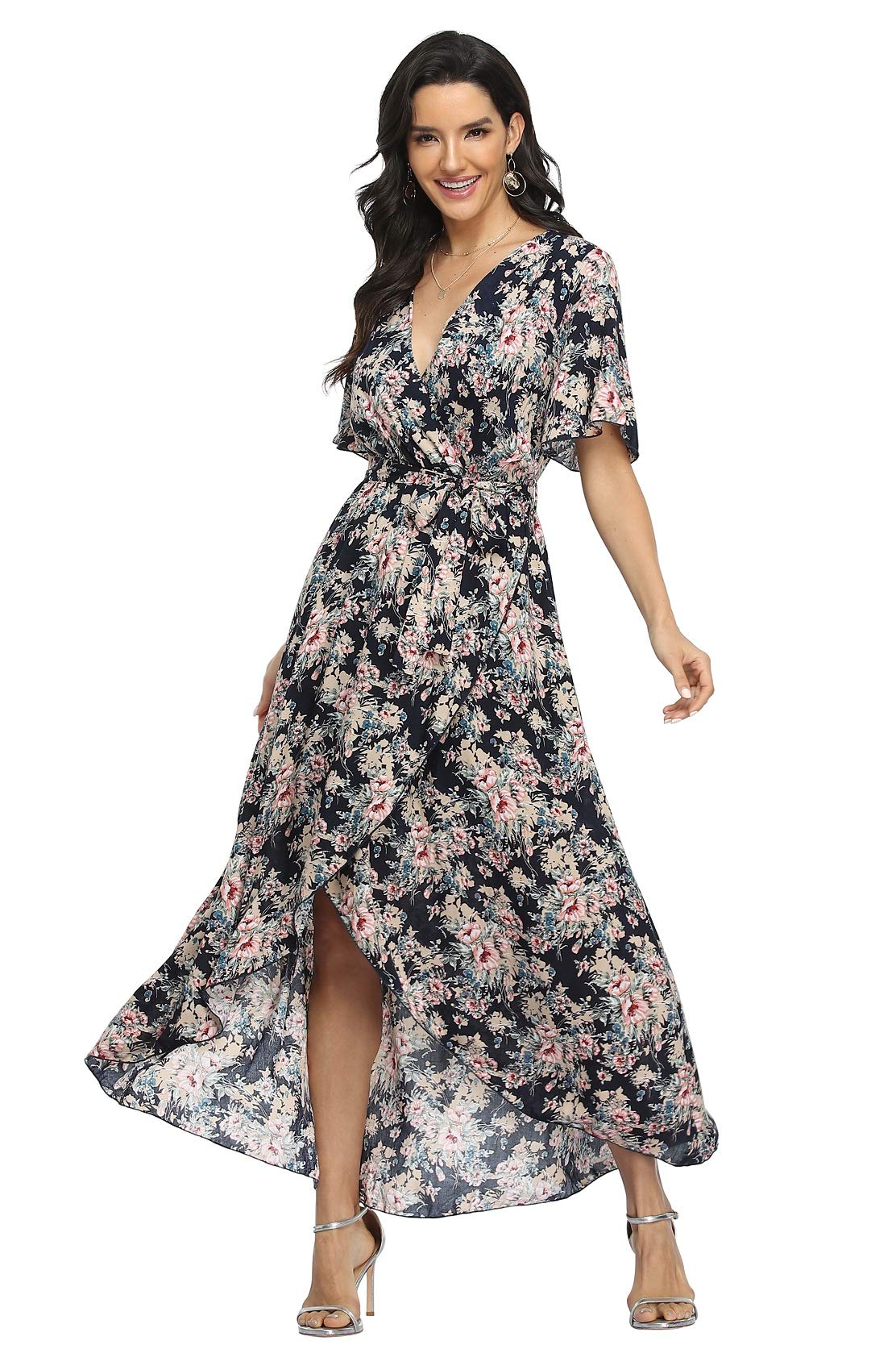 VintageClothing Women's Wrap V Neck Floral Summer Dresses High Low Casual