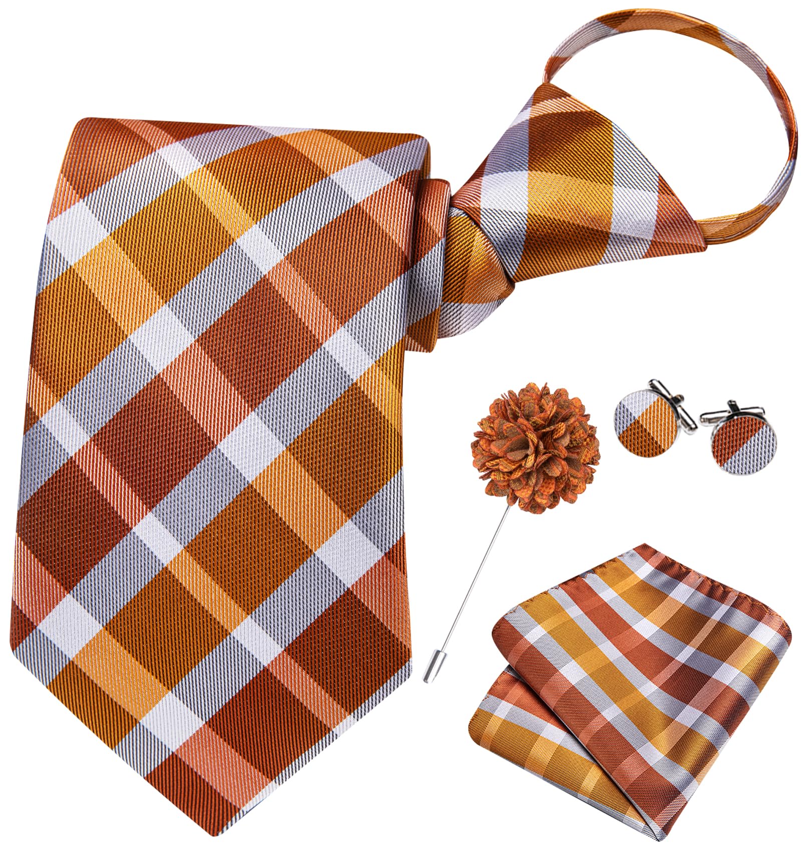 Hi-Tie Mens Grey Orange Zipper Ties Plaid Adjustable Pre-Tied Necktie Lapel Pin Pocket Square Cufflinks Set