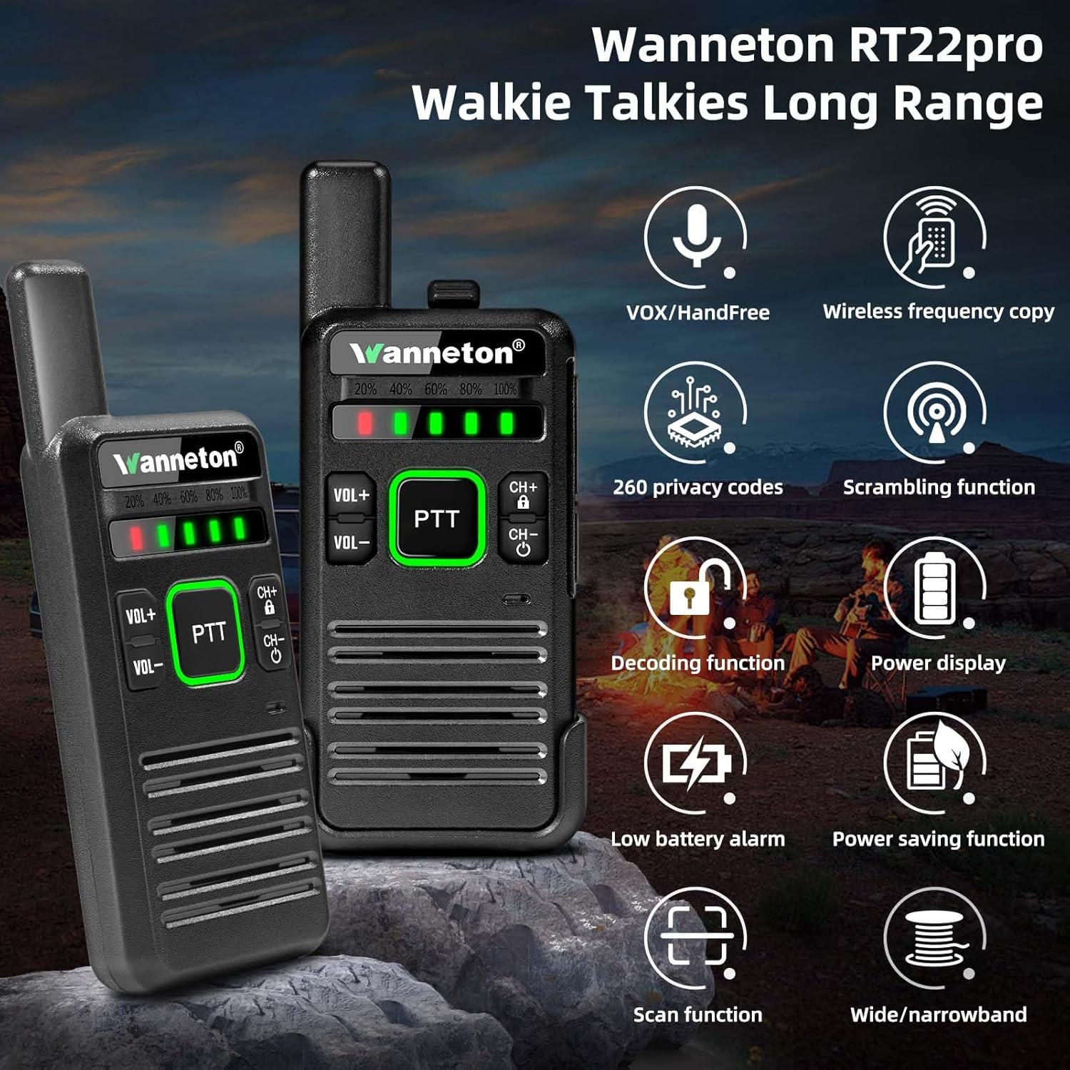 RT22pro walkie talkies Wireless Frequency Copy Rechargeable Walkie Talkies for Adults,walkie talkies 4 Pack Long Range with VOX, Scrambling, decoding, Battery Display, scanning.