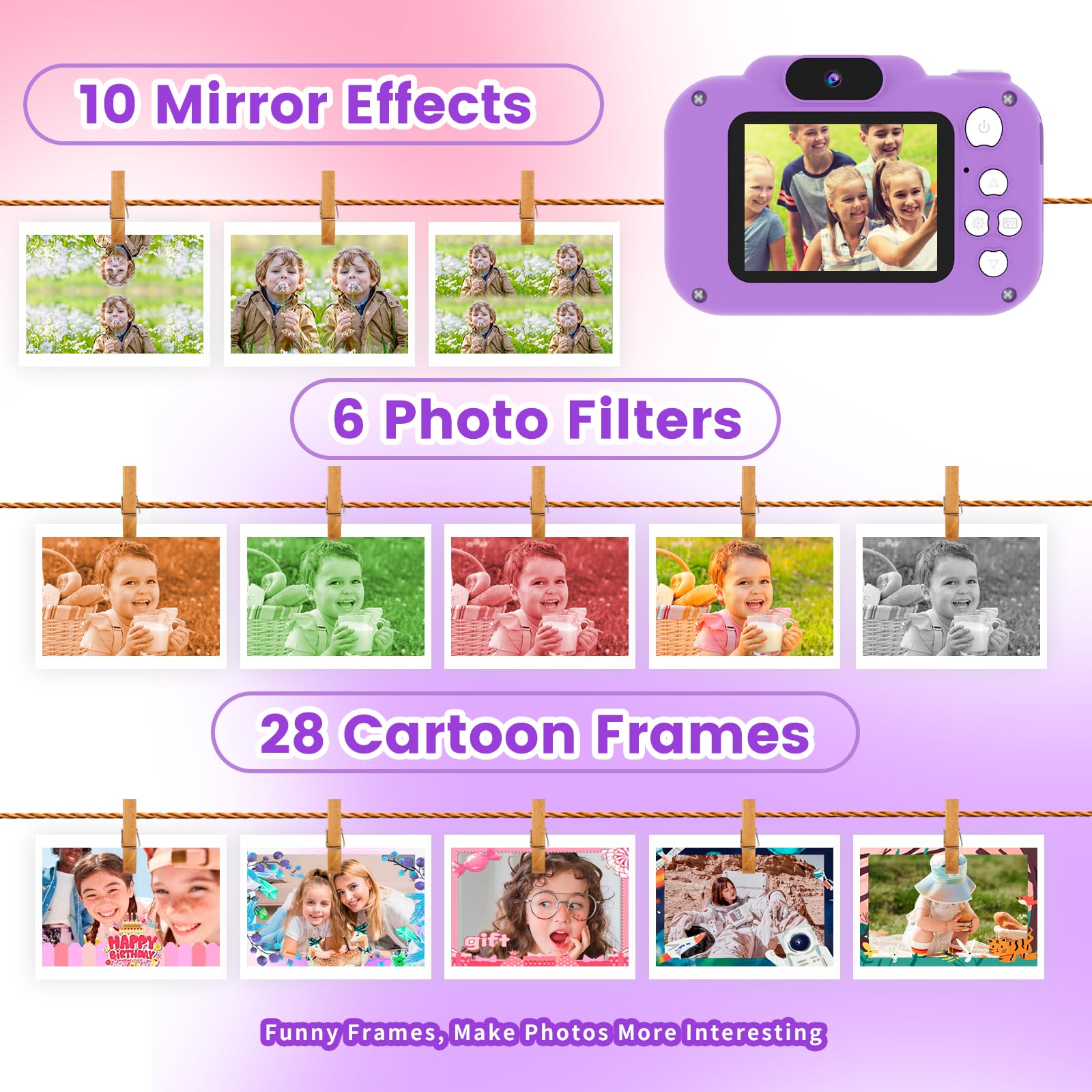 GlobalCrown Macchina Fotografica Bambini,Mini Ricaricabile Fotocamera Digitale Giocattoli per bambini Videocamera Regali per Ragazze Ragazzi da 3-8 Anni,12MP Video HD Schermo (Scheda 32 GB inclusa)