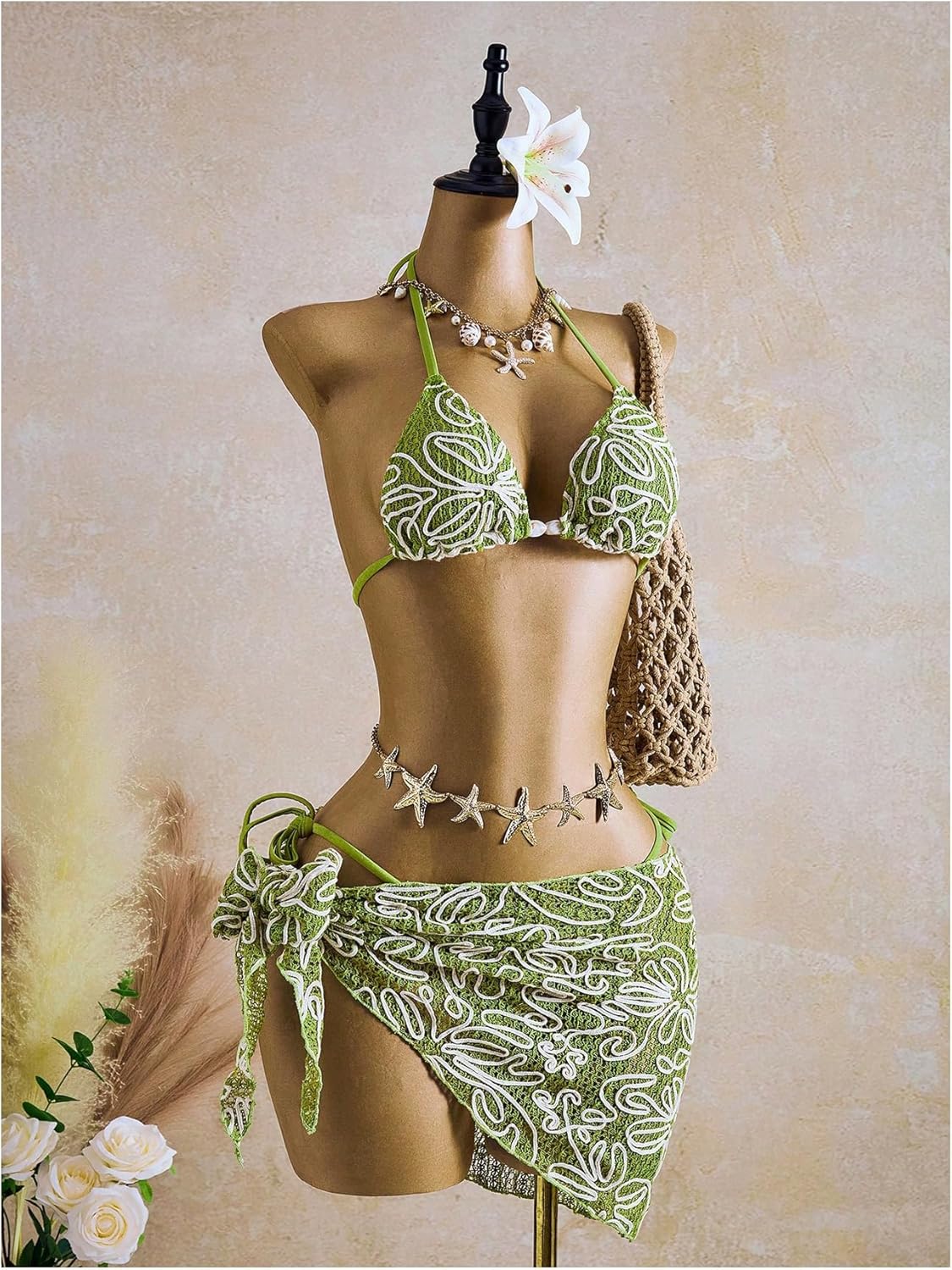 Women's 3 Piece Texture Swimsuits Floral Triangle String Thong Halter Bikini Set with Cover Up Skirt