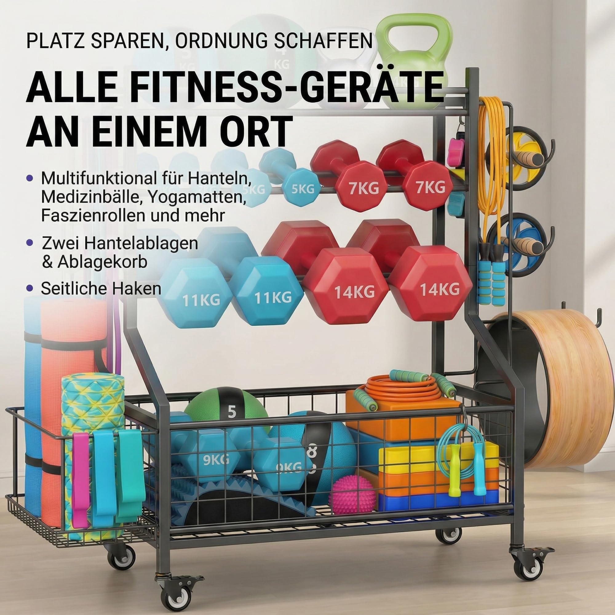 Hantelständer & Gewichtsablage für Home Gym, All-in-One Fitness Aufbewahrung mit Rollen & Haken für Kurzhanteln, Kettlebells, Yogamatten, Verstellbares Hantelregal aus Stahl