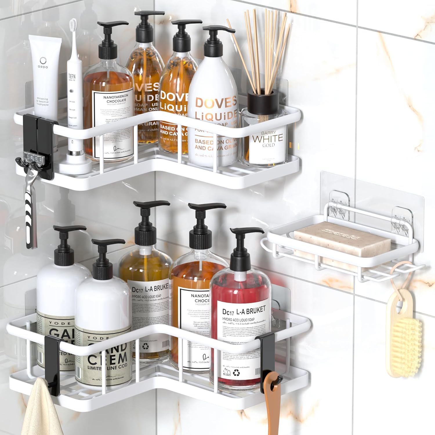 YASONIC Corner Shower Caddy Organizer, 3-Pack Self-Adhesive Rustproof Bath Shelves with Soap Holder & 4 Hooks, Large Capacity Shower Storage Rack for Bathroom Organization, White White 3pack