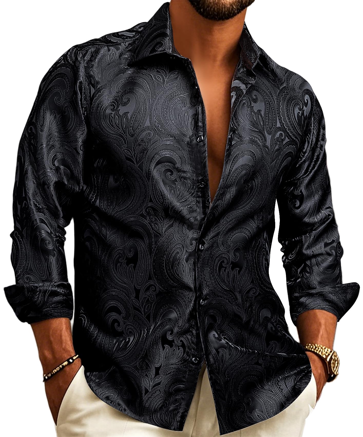 Barry Wang Mens Silk Shirts Button Down Dress Shirt for Men Satin Paisley Floral Long Sleeve Cowboy Casual