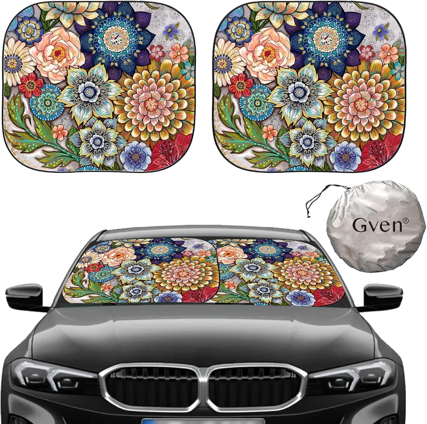 Gven Floral 2-Piece Foldable Windshield Sun Shade - Blocks 99% UV Rays, Fits Compact Cars Sedans SUVs, Easy Store Summer Protection