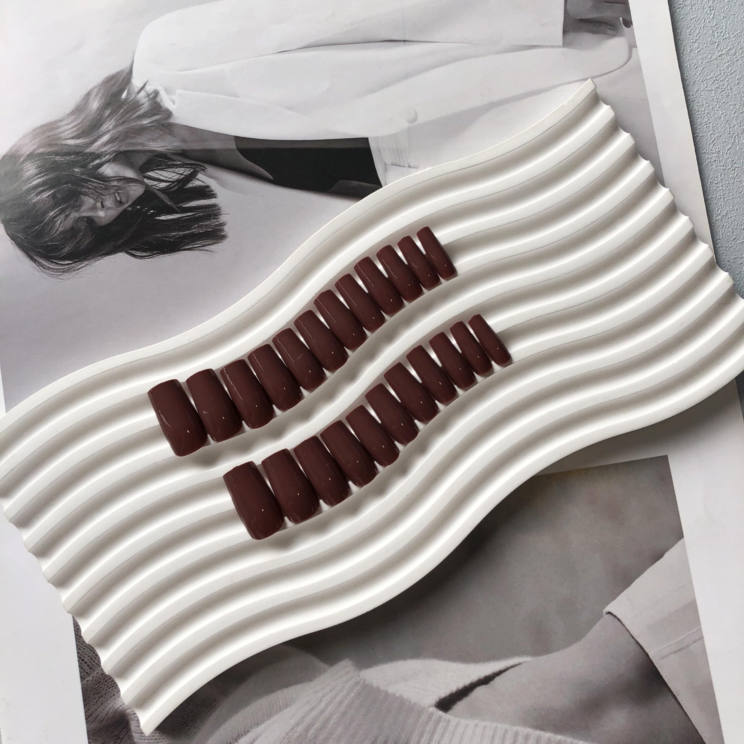 SXVME Long Press on Nails Square, Brown False Nails Medium Long Coffin, Glazed Acrylic Fake Nails Press on - Image 4