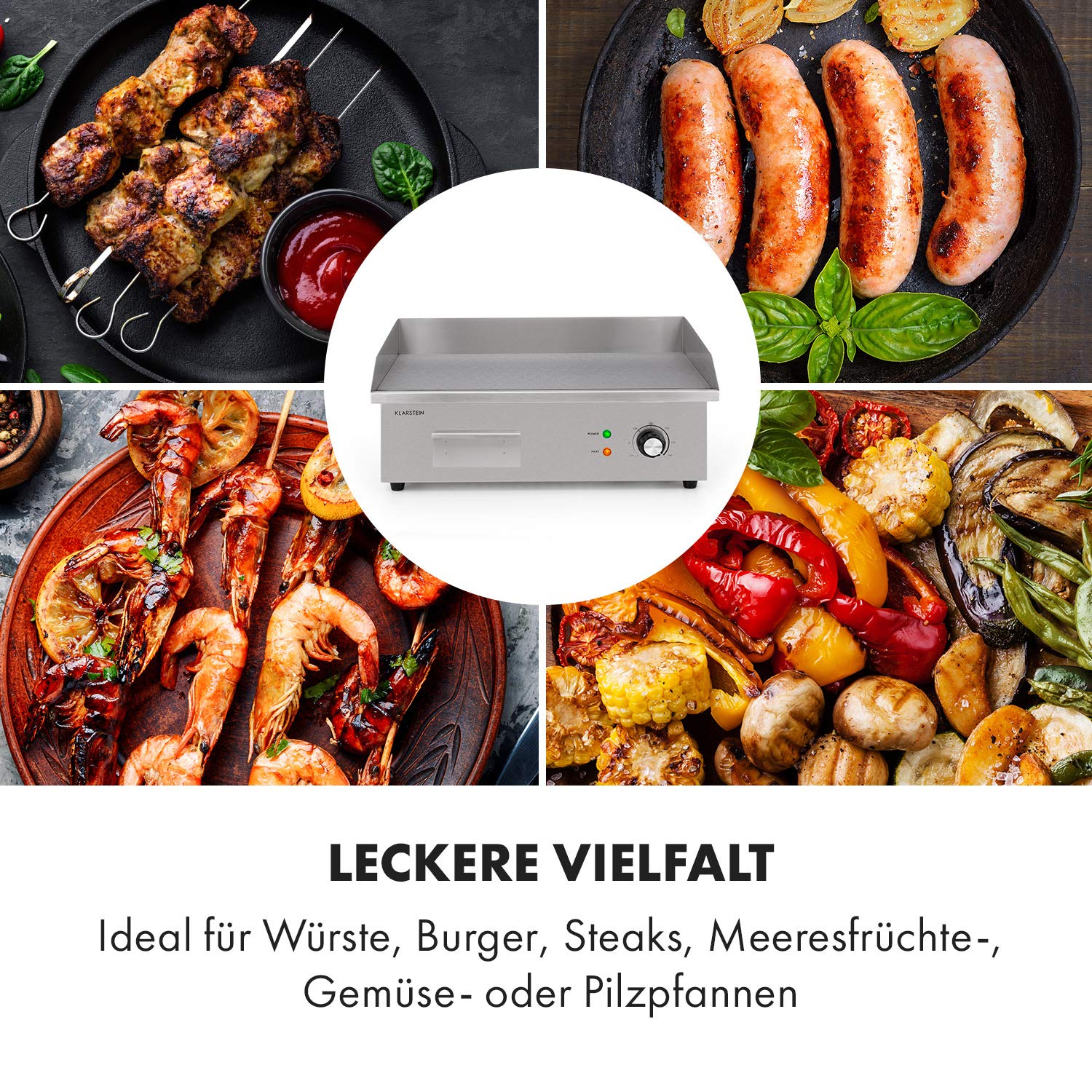 Klarstein Elektrogrill, Grillplatte, Elektrische Grillplatte, Tischgrill, Elektrogrill aus Edelstahl, Spritzschutz & Auffangbehälter, Glatte XL Grillfläche: 54,5x35 cm, Stufenlos 50-300 °C, 3000 Watt