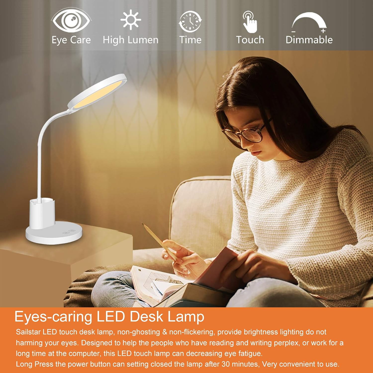 Sailstar LED Desk Lamp, Dimmable Stepless Touch, Eye-Caring Rechargeable Reading Lamp, 3 Lighting Modes, 360° Flexible Gooseneck Lamps with Pen Holder, 30 Mins Timing, 800 Lumens