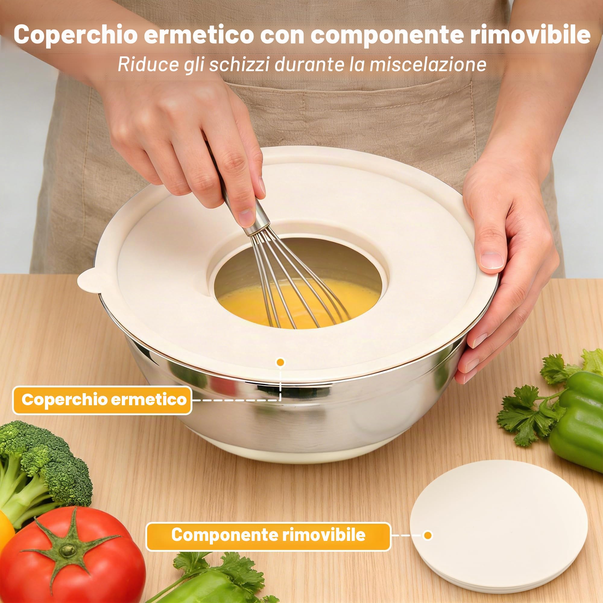 Fire More Set 5 Ciotole Acciaio inox Cucina 4L/2,8L/1,8L/1,5L/1L | Insalatiera con Coperchio e 3 Grattugie, Antiscivolo Ciotole Cucina per Insalata Impilabili, Preparare e Conservare