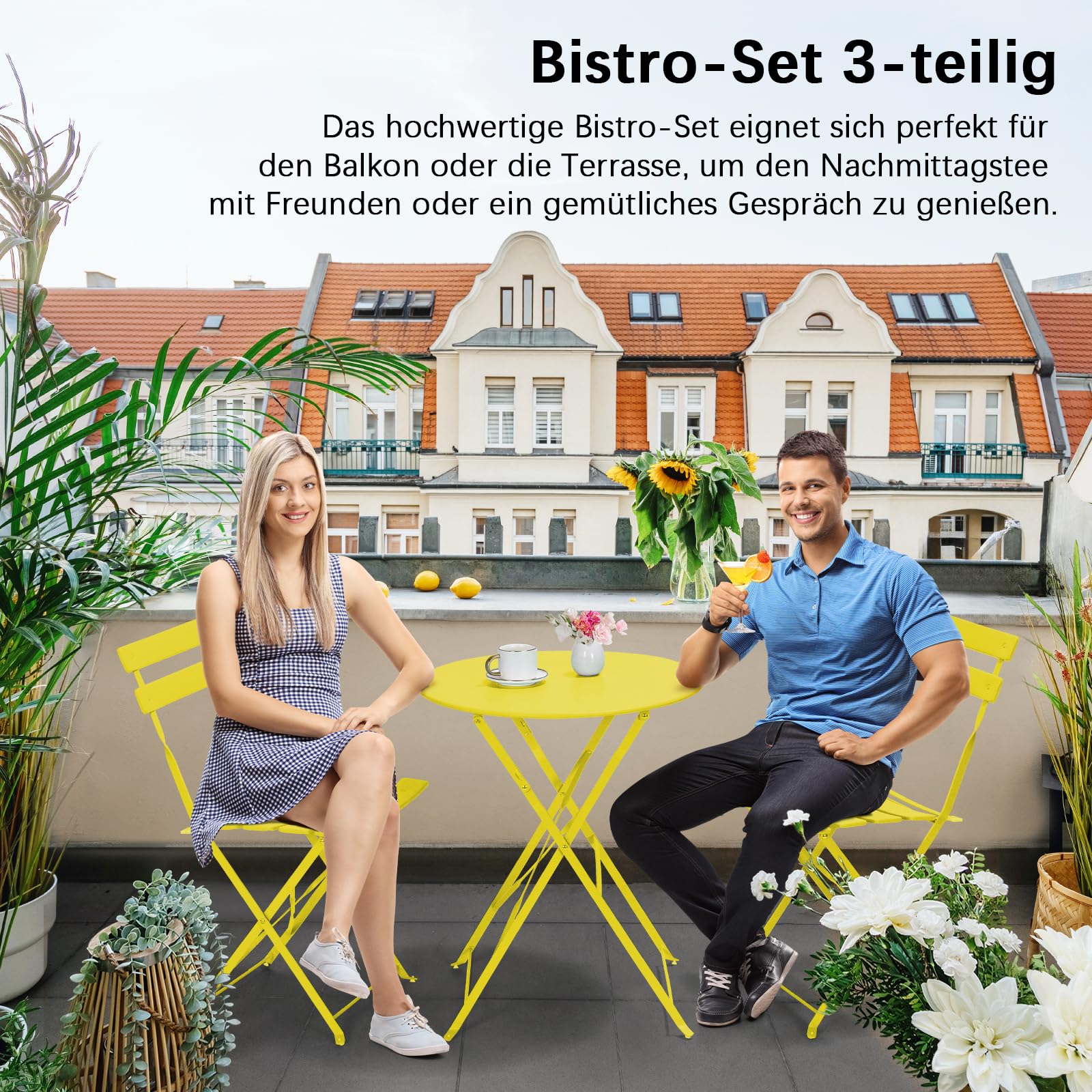 LIFERUN Juego de Muebles de Balcón de 3 Piezas, Bistro Set de Metal con 1 Mesa y 2 Sillas, Resistentes a la Intemperie, Plegables, para Pequeños Balcones, Terrazas y Jardines, Amarillo