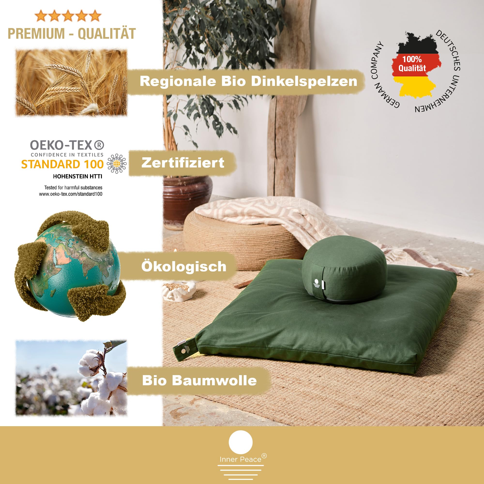 Inner Peace Yogakissen Meditationskissen aus 100% Bio Baumwolle und mit Bio Dinkelfüllung | Yogakissen Rund, Yoga Sitzkissen, Yogakissen Meditationskissen, Sitzkissen Yoga, Meditation Cushion | Meditationskissen rund, höhenverstellbar, Yoga Sitzkissen, wa