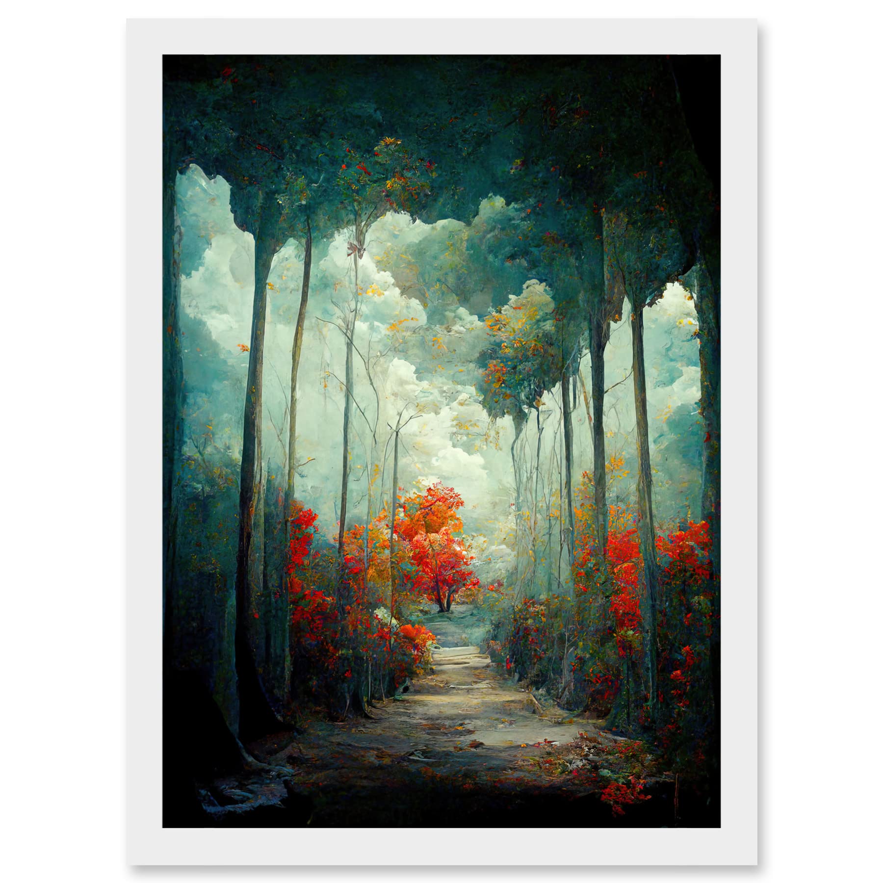 Doppelganger33 LTD Autumn Forest Path Landscape Scene Painting Artwork Framed A3 Wall Art Print