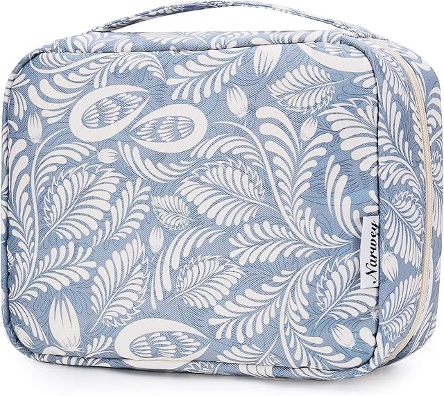Travel Hanging Toiletry Wash Bag Makeup Cosmetic Organizer for Women Girls Kids Waterproof (Blue Leaf)
