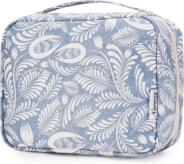 Waterproof Travel Hanging Toiletry Bag with Metal Hook - A-Blue Leaves Design