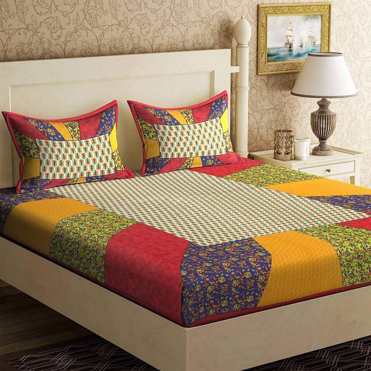 E ART BOXX 100% Cotton 240 TC Pure Cotton Bedsheet for Double Bed, King & Queen Size Bed, Jaipuri Rajasthani Design with 2 Pillow Covers, Extra Soft & Wrinkle Free 94