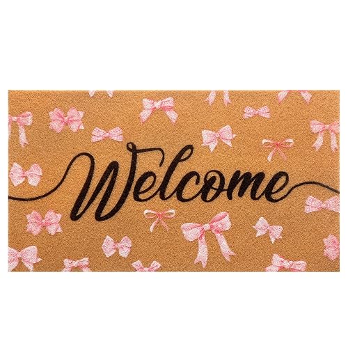 Tinideya Pink Bow Nature Coir Doormat Outdoor Cute Welcome Mats Non Slip Coquette Pink Bow Mat for Front Door Porch Coquette Party Outdoor Entryway Decor, 17 x 30 Inch(Black Welcome) - Black Welcome