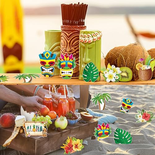 Miniatura 6 de Spiareal 30 piezas de adornos colgantes de madera para fiesta temática hawaiana de Luau tropical de verano, máscaras Tiki, piñas, flores, palmeras,