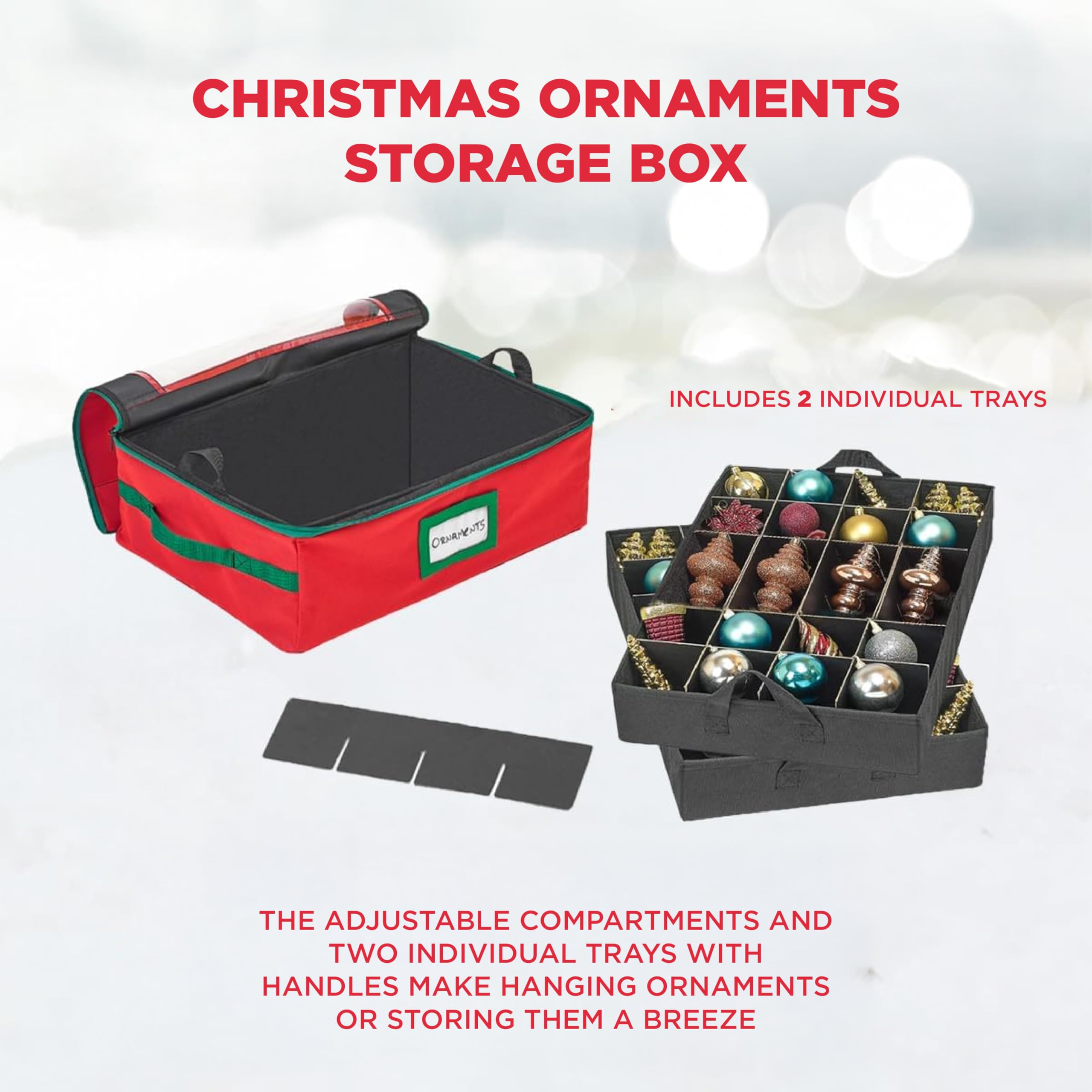 HOLDN’ STORAGE Aufbewahrungsbox Für Weihnachtsschmuck Unter Dem Bett Mit Trennwänden – Praktisch, Langlebig, 2 Einzelne, Herausnehmbare Fächer, Passend Für Bis Zu 48-3" Ornamente, Rot
