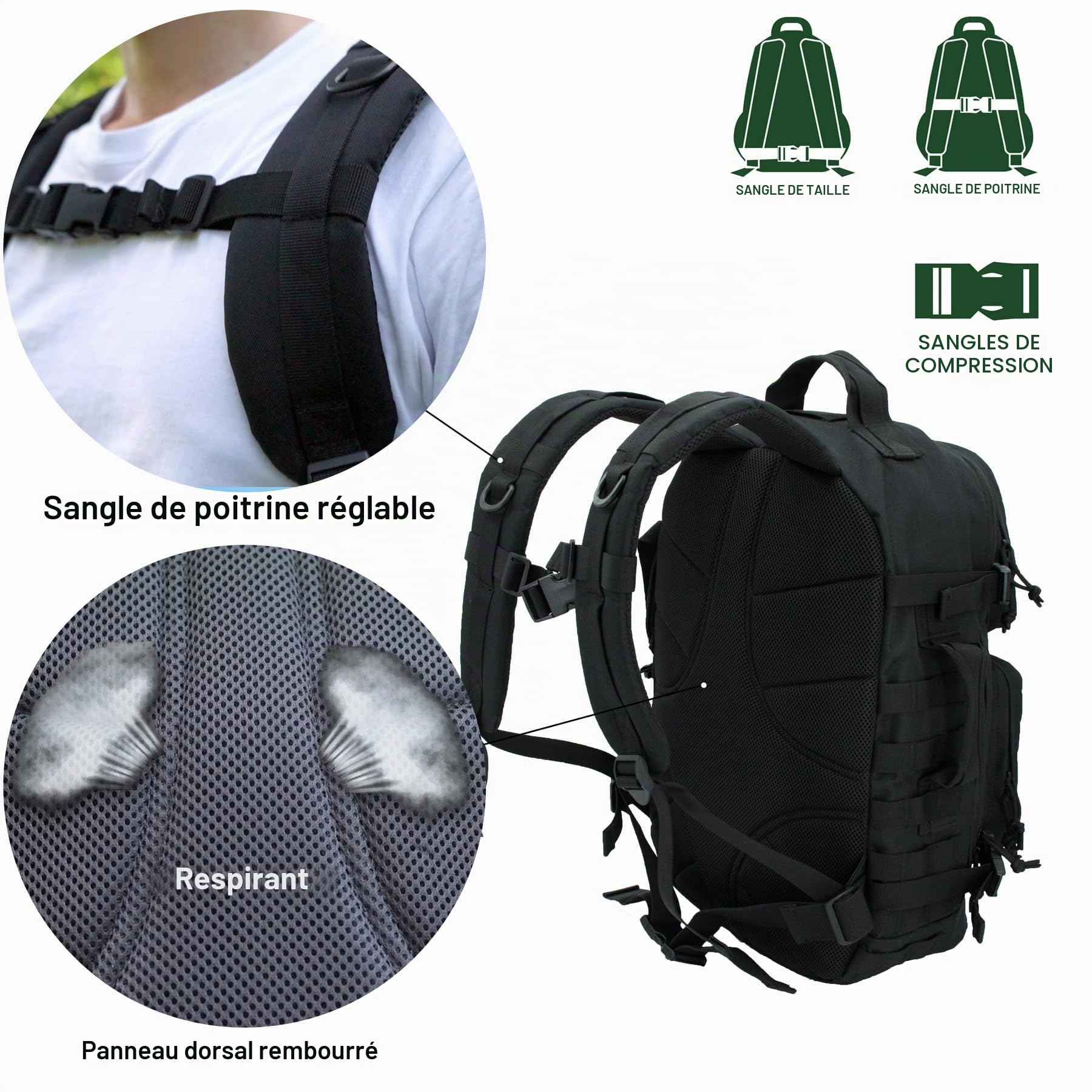 APRILBAY Sacs à dos tactiques Sac à dos de plage Sac à dos d'extérieur Sac à dos de randonnée Sac à dos Molle, 3 jours Assault Pack, Sac à dos militaire Voyage d'affaires Grand sac d'espace