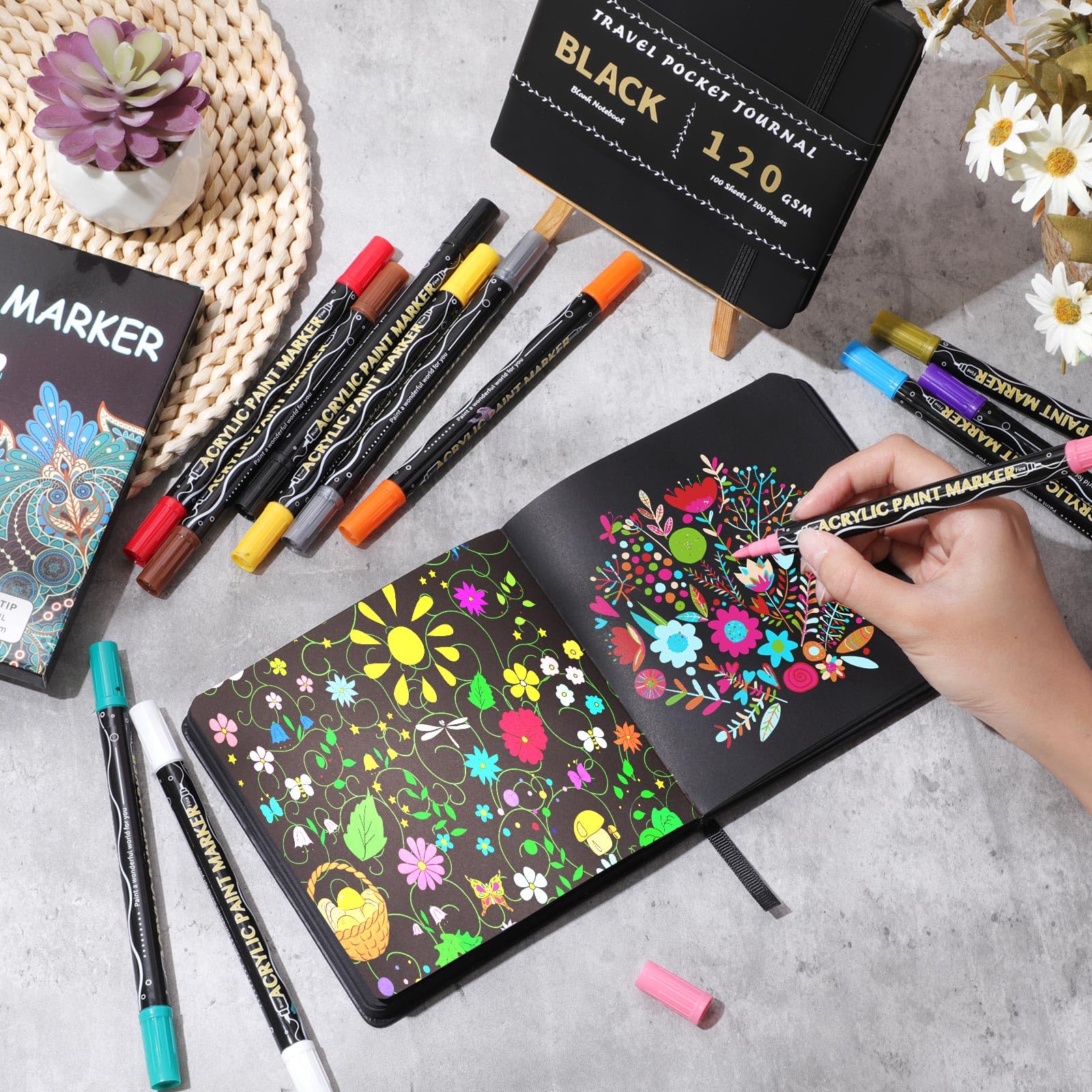 Thenshop Juego de 2 cuadernos de bocetos de papel negro, cuaderno de páginas negras con 12 marcadores metálicos, bolsillo de viaje, tapa dura, pintura en blanco, cuaderno de escritura para pintores de