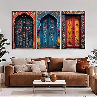 Set of 3 Indian Wall Art, Madhubani Painting Style Indian Doors, Hindu D...