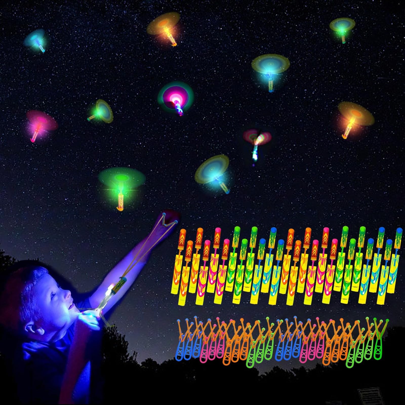 THE WHITE SHOP50Pcs Flying Catapult Toy with LED Lights for Kids, LED Flying Toys| Glow in the Dark Party Supplies 25 Launchers + 25 LED Helicopters Outdoor Toys