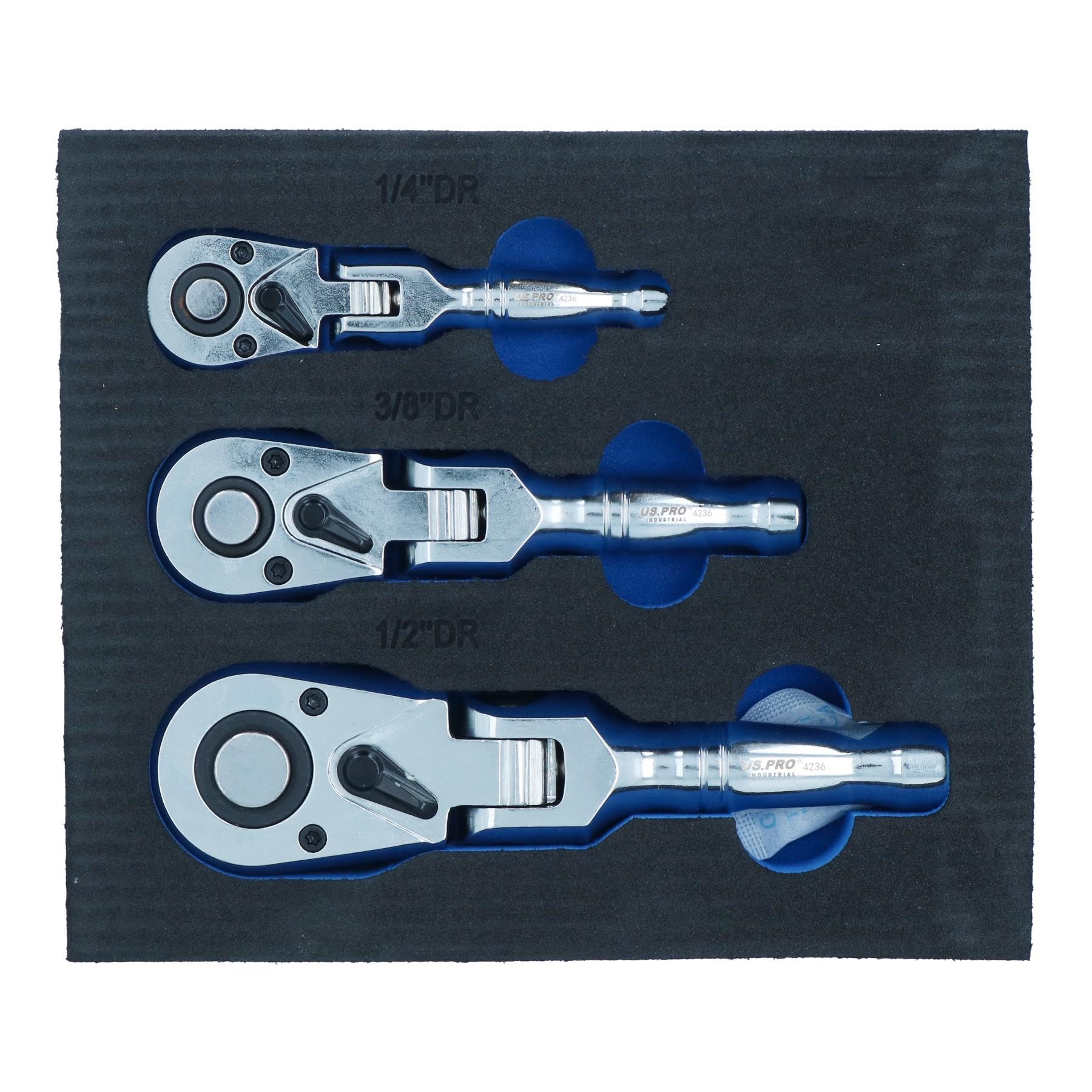 AB Tools Stubby Flexi - Set di chiavi a cricchetto reversibili da 1/4", 3/8", 1/2", 3 pezzi