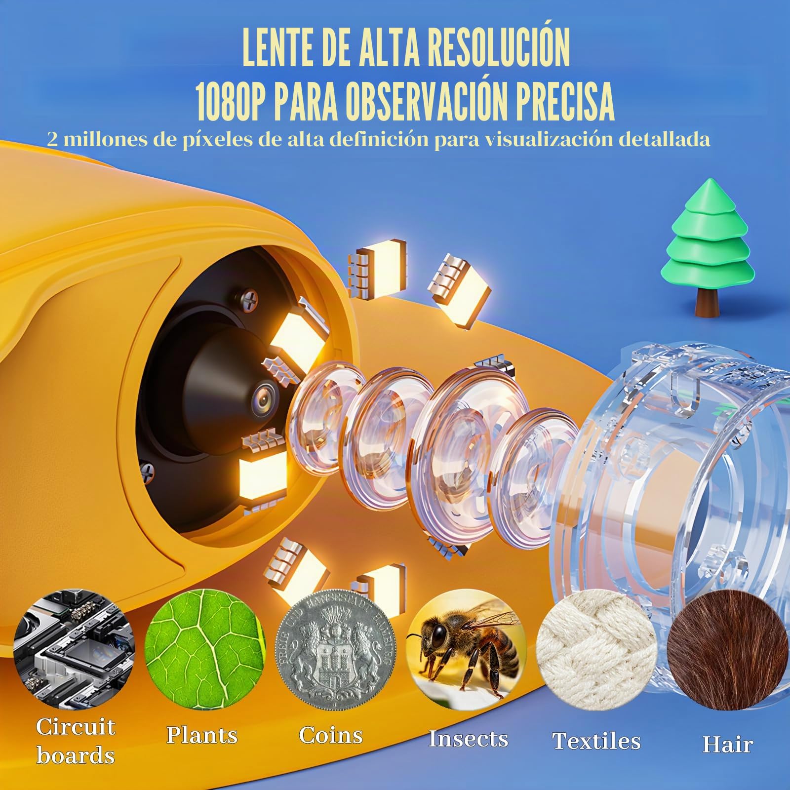 Microscopio Digital Portátil Para Niños 1000X Con Pantalla IPS De 2 Pulgadas Y 8 LED - Función Foto Y Vídeo