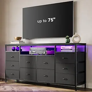 63.3 Inch Black Dresser for Bedroom, 10 Drawer Dresser TV Stand for 65 70 75 Inch TV, Fabric Chest of Drawers with LED Lights & Power Outlets, Long Entertainment Center for Closet, Living Room, Entryw