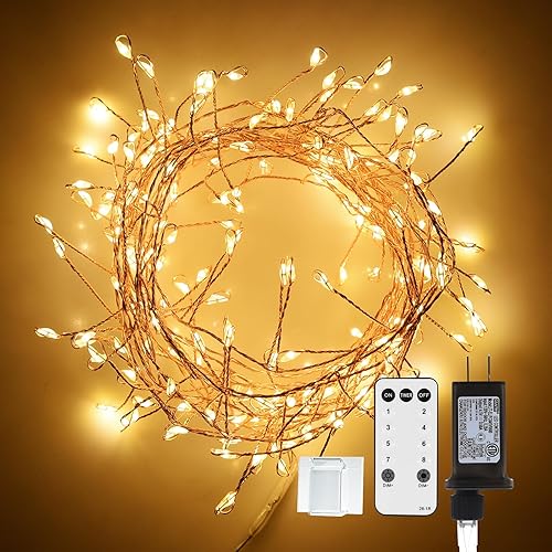 Dailyart Fairy Lights Plug in, 200 Led Twinkle String Light with Remote 10Ft 8 Modes Warm Cluster Lights with Timer for Bedroom Wreath Party Window Wedding Christmas Tree Decoration Gold Wire - Gold - 200 LED