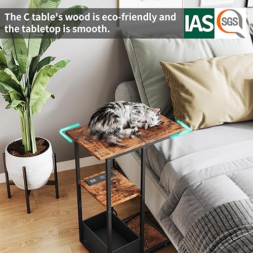 Miniatura 6 de homsorout Mesa auxiliar C con estación de almacenamiento y carga, elegante mesa auxiliar en forma de C con puertos USB y salidas para espacios