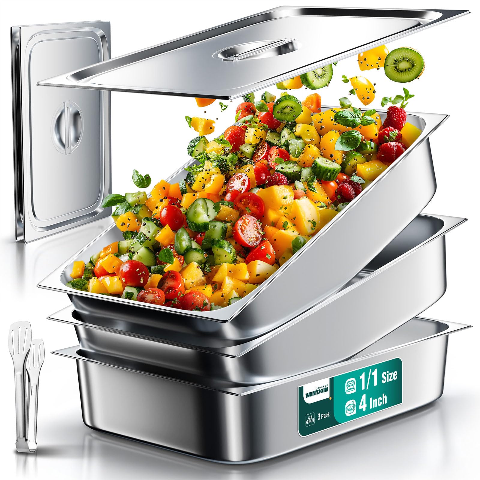 WantJoin Steam Table Hotel Pans with Lid 1/1 Full Size 4 Inch Deep 3 Pack