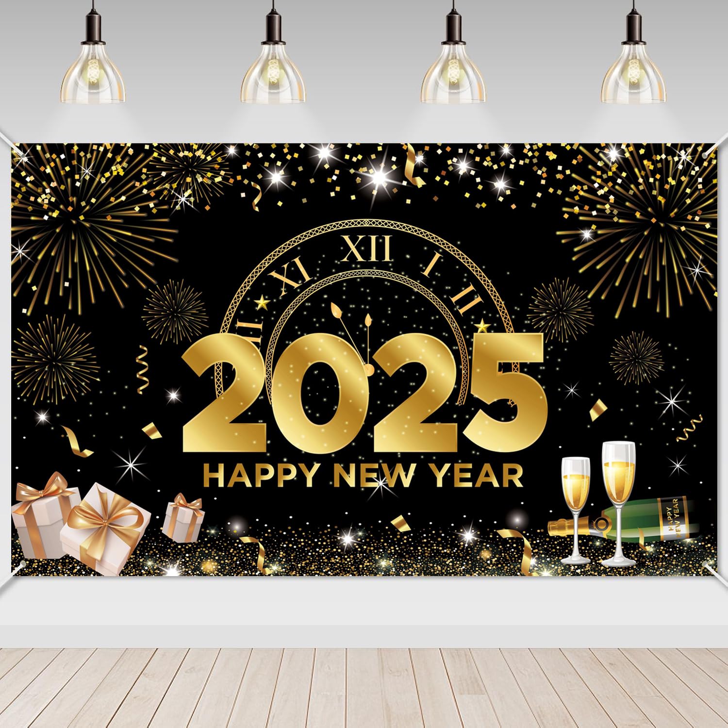 Happy New Year Banner 2025 - Extra Large 73x43 Inch Black and Gold Backdrop, New Years Eve Decorations and Party Supplies