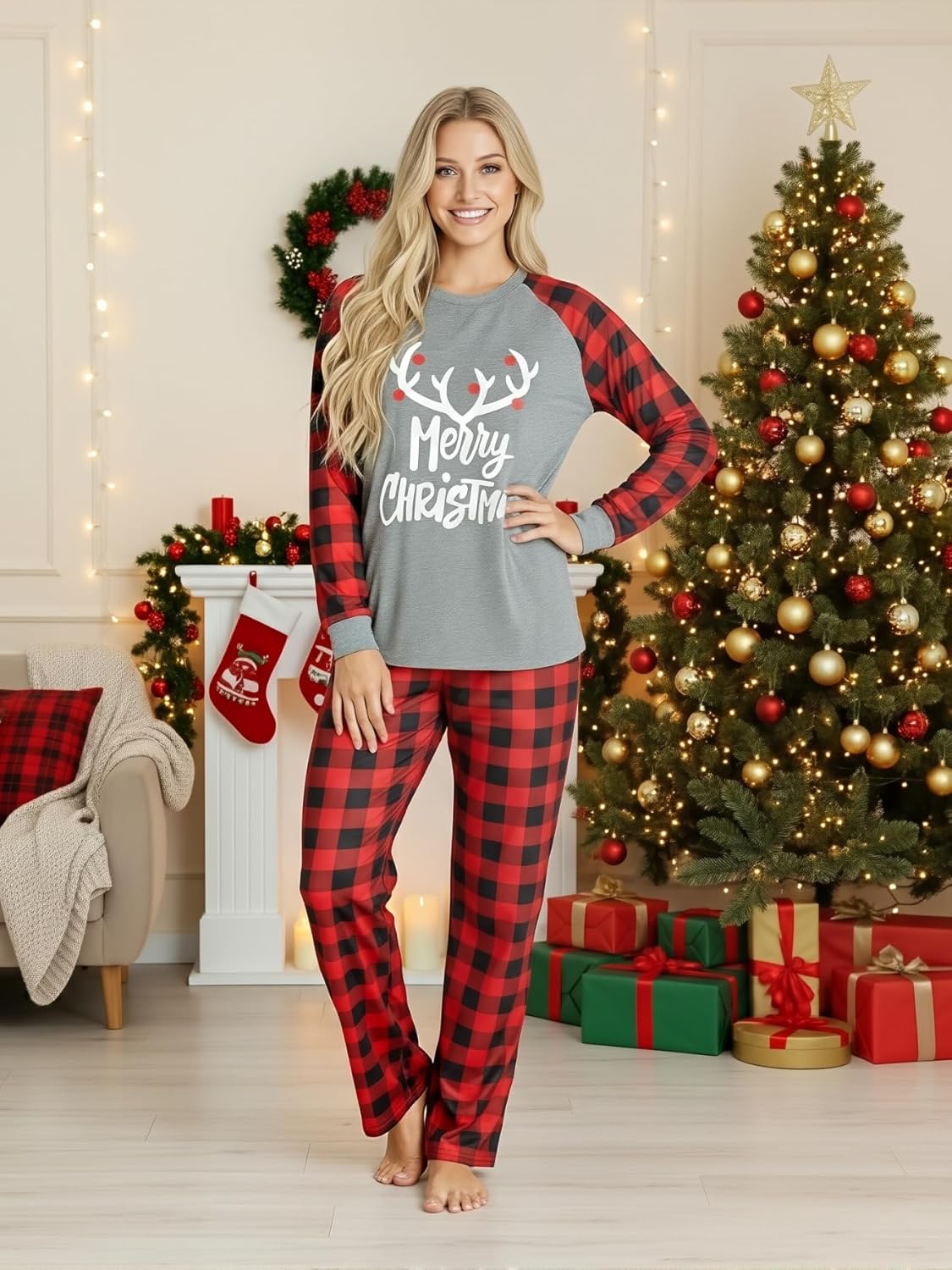 IFFEI Matching Family Pajamas Sets Christmas PJ's with Letter and Plaid Printed Long Sleeve Tee and Bottom Loungewear - Image 8