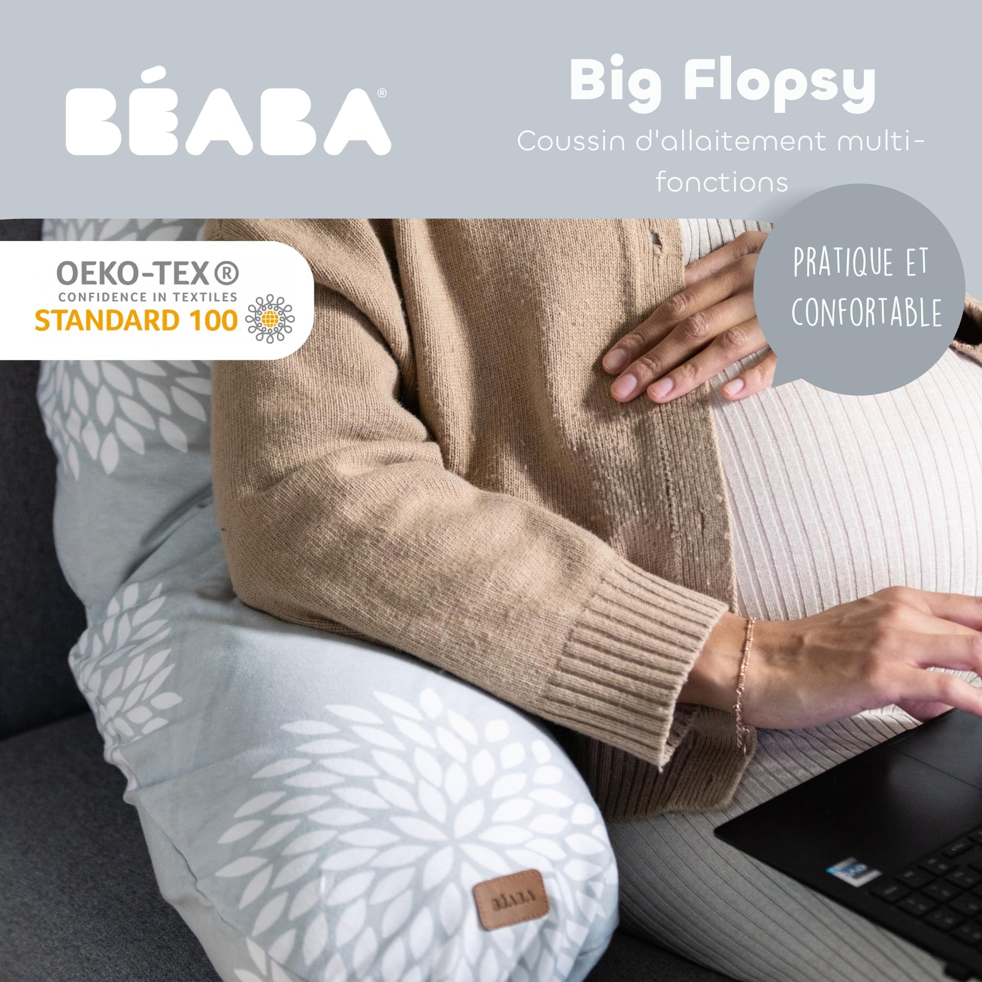 BÉABA, Big Flopsy, poduszka do karmienia piersią, poduszka ciążowa, wielofunkcyjna, odpowiednia do spania/karmienia piersią, wsparcie, optymalny relaks i komfort, kwiat bawełny, Oekotex, kwiat