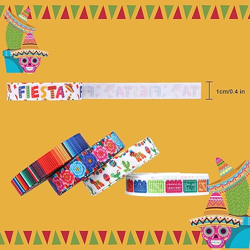 Miniatura 2 de 12 rollos de cinta para fiesta de 3/8 pulgadas, cintas de grogrén mexicano de serape mexicano, rayas coloridas, piñata, cactus, guitarra, cinta