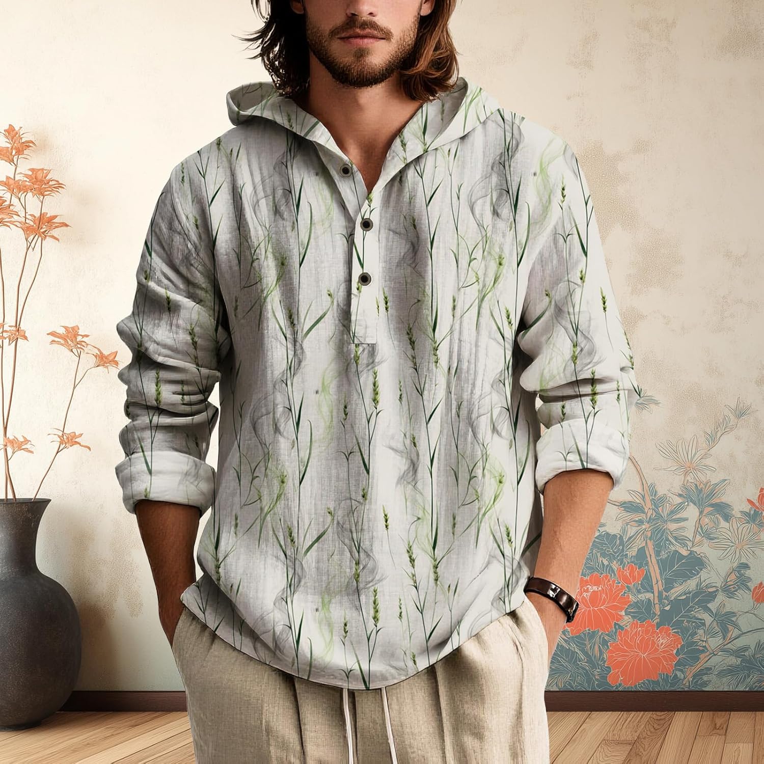 Mens Long Sleeve Hooded Shirt Botanical Print Lightweight Casual Pullover Button Neck Roll Up Sleeves Beach Wear - Image 5