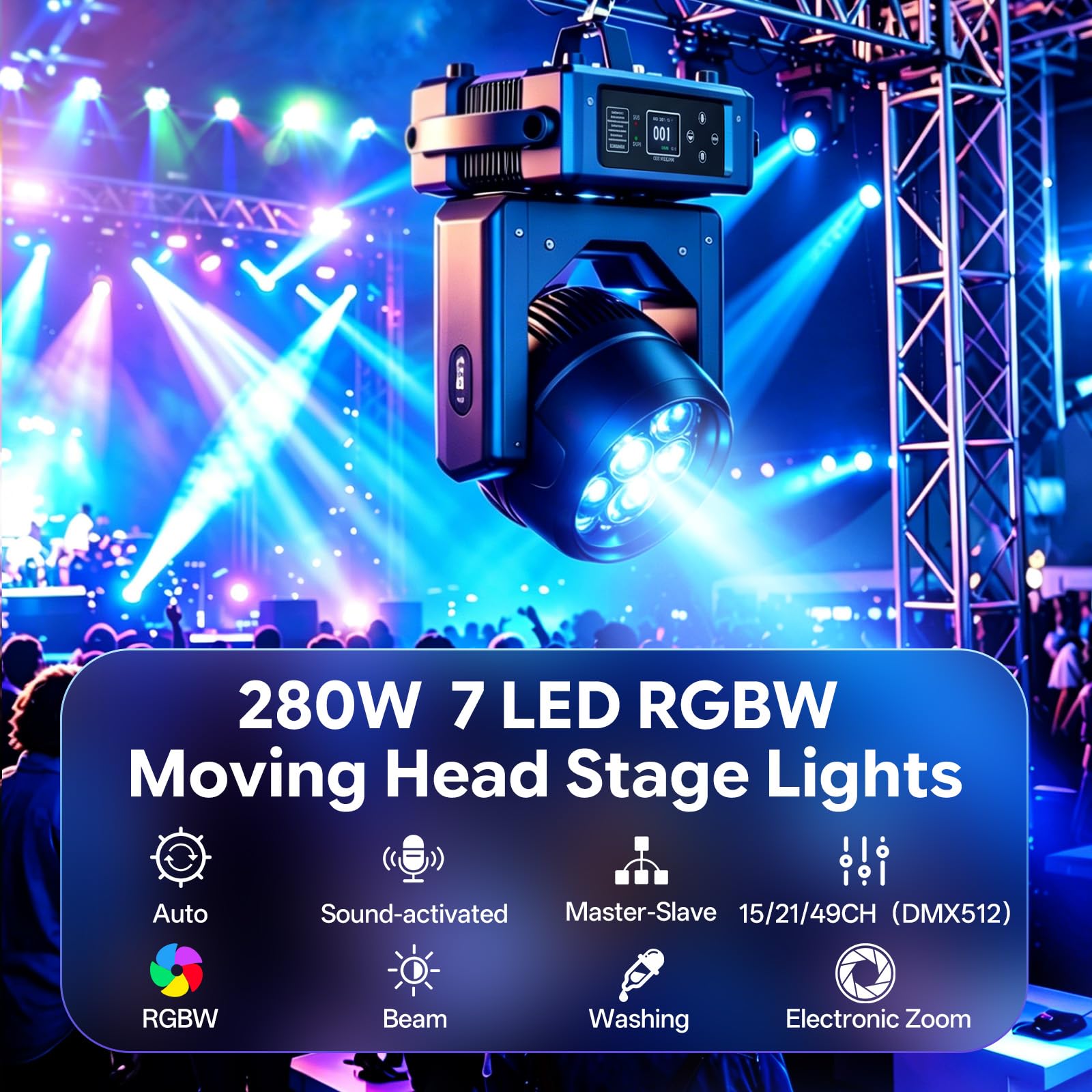 2 PCS 280W LED Moving Head Discolicht Partylicht,RGBW Beam Scheinwerfer mit elektronischem Fokus,Wash Beam Vortex Kaleidoskop Effekte,DMX512 Bühnenlicht Strahl für Hochzeit DJ Bar Party