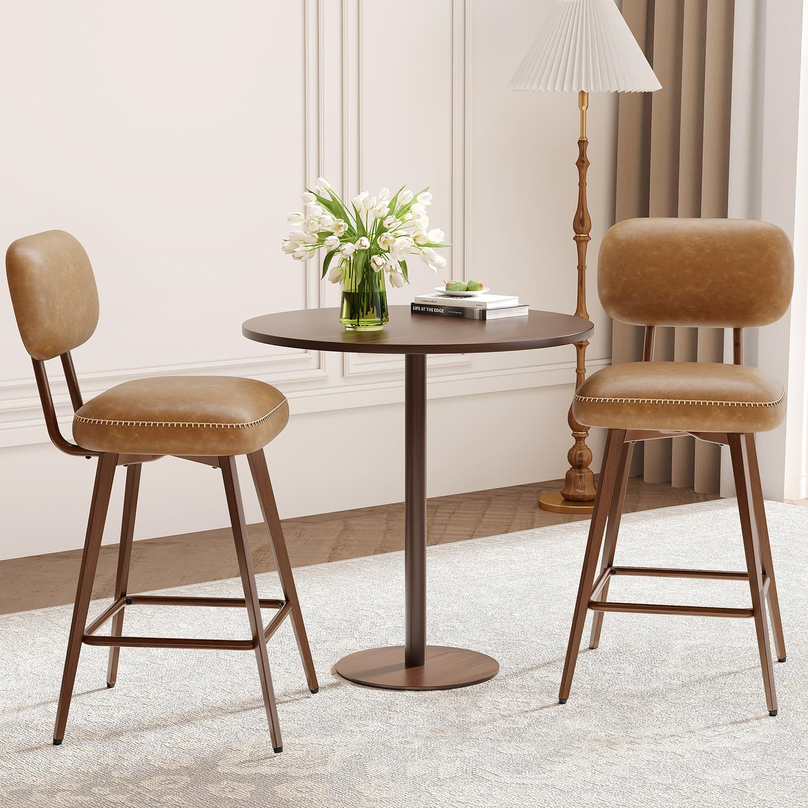 26“ Swivel Bar Stools Set of 2, Mid Century PU Leather Counter Height Bar Chairs with Low Back and Metal Legs, Modern Bar Stool Chair for Kitchen Island, Brown