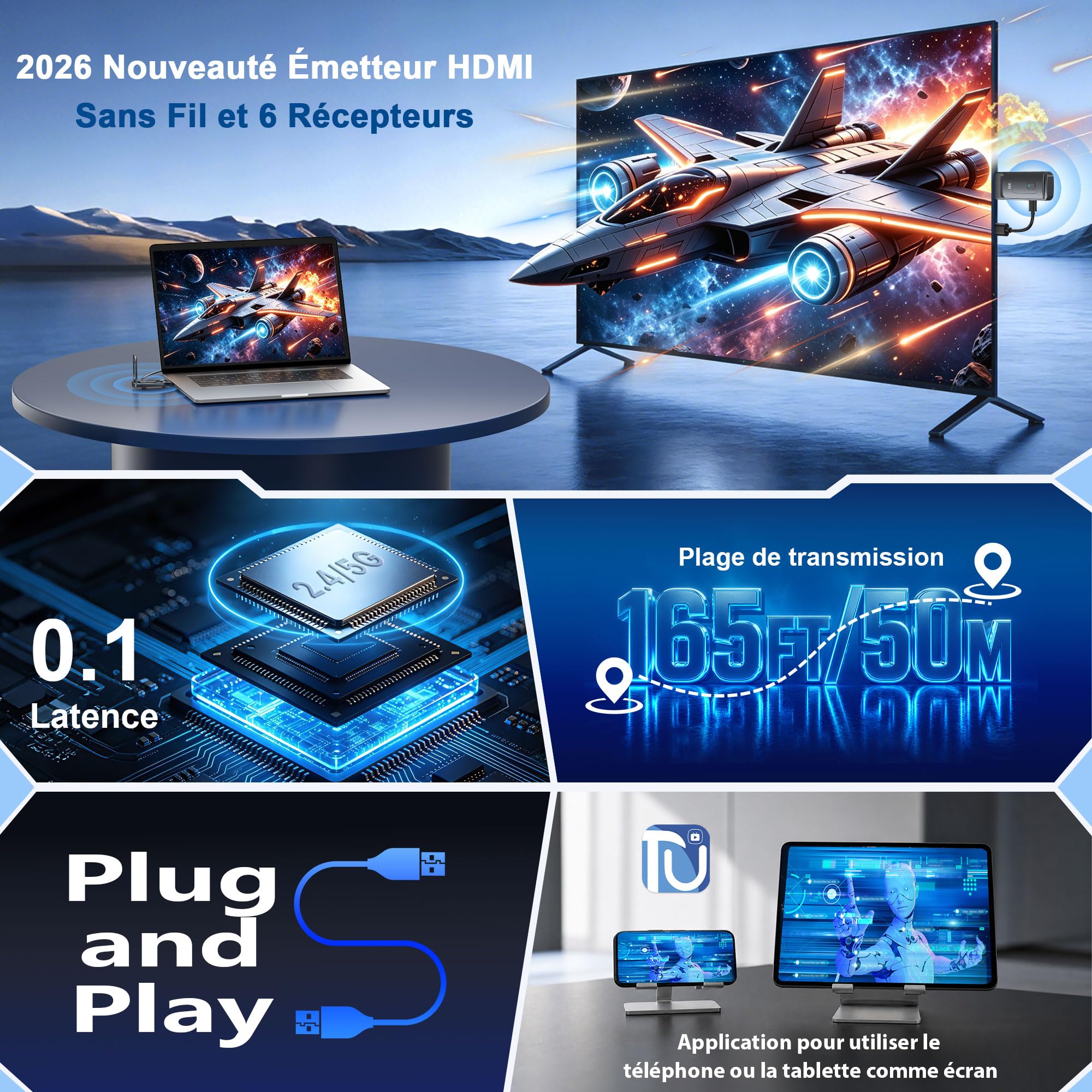 Émetteur et 4 Récepteurs HDMI sans Fil-Jusqu'à 6 TVs, 5G/1080P Extension HDMI sans Fil, Stream Vidéo pour Ordinateurs, PC, Caméras et Boîtiers TV vers Plusieurs TVs, Projecteurs ou écrans 165FT/50M