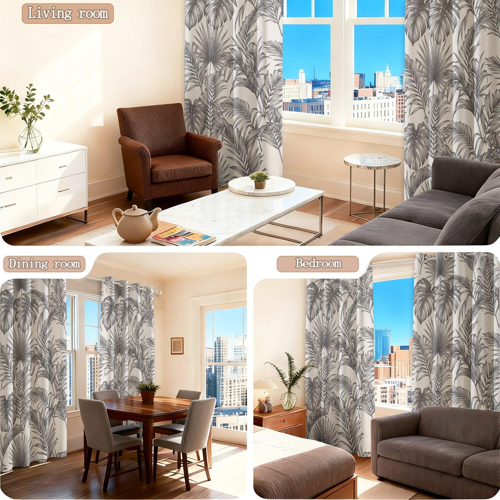 Tenda oscurante tropicale botanica, set di 2 tende oscuranti termiche isolanti con occhielli, foglie di palma disegnate Monstera felci, grigio crema, decorazione camera da letto, soggiorno, finestra