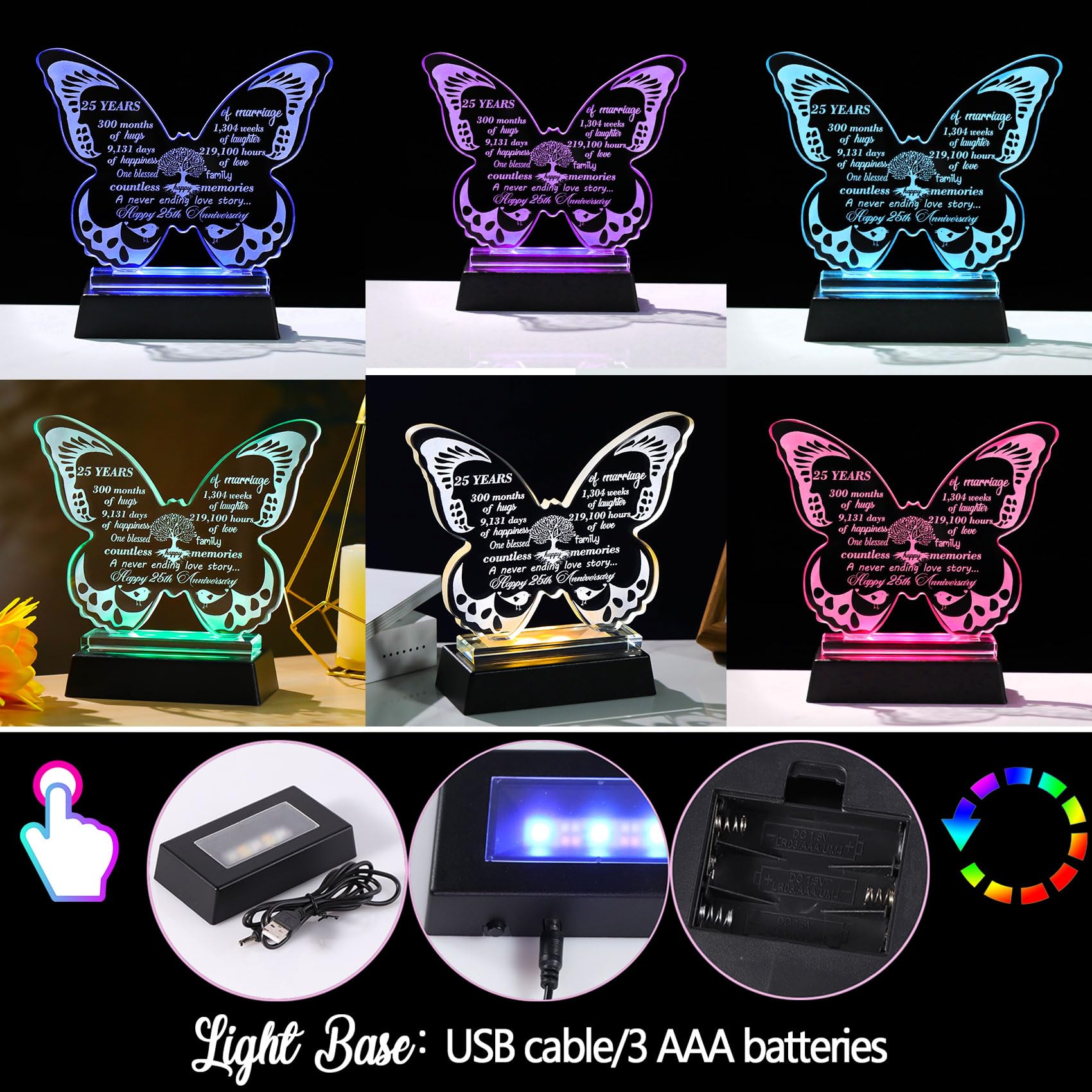 Ornalrist 25th Wedding Anniversary Romantic Gifts for Couples 13.6cm Crystal Butterfly 25th Anniversary Keepsake with LED Base 25 Years Marriage Silver Wedding Presents for Wife Husband Friends - Image 2
