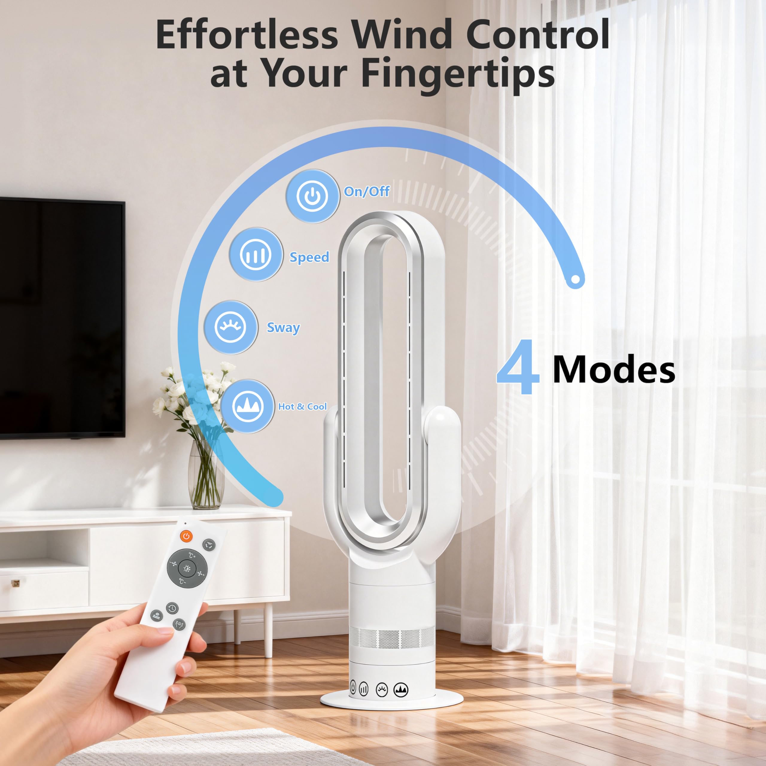 QG830 Ventilateur Tour Sans Pale, Chauffage & Refroidissement 2-en-1, Télécommande et Commande Tactile, 10 Modes Froid + 3 Chaud, Moteur DC Ultra-Silencieux