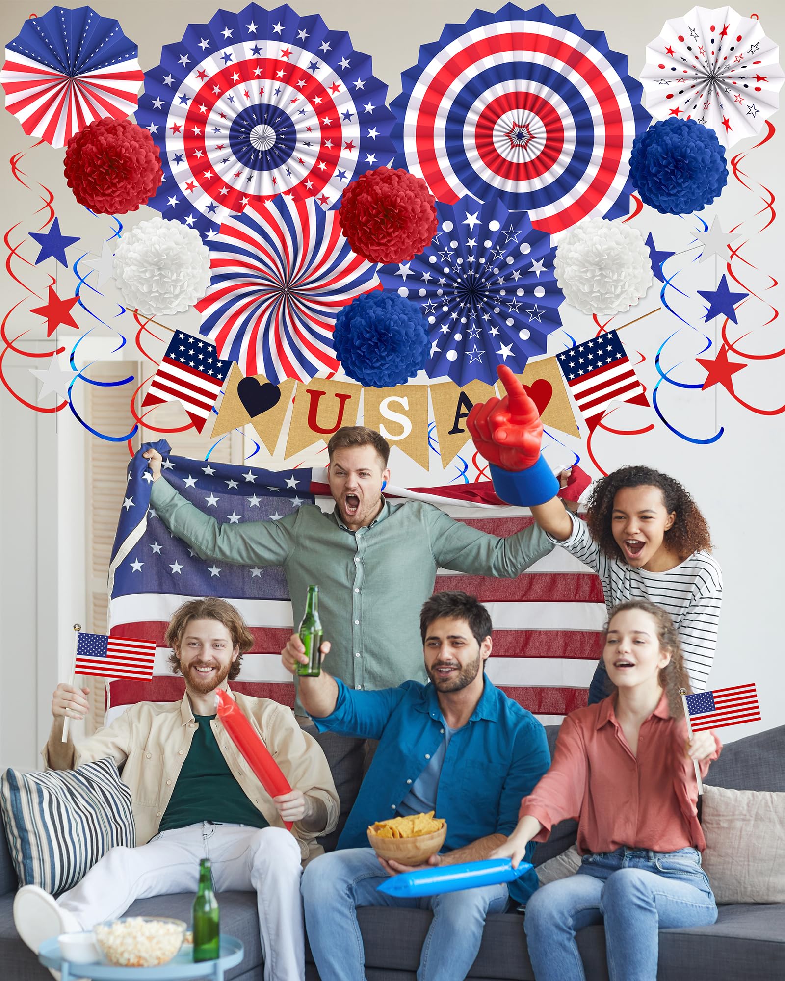 Lutoys 30 szt. Patriotyczne dekoracje na Dzień Weteranów, dekoracja 4 lipca, baner MIŁOŚĆ USA flaga amerykańska, czerwono-białe, niebieskie, papierowe wachlarze, pompony z okazji Dnia Pracy do użytku
