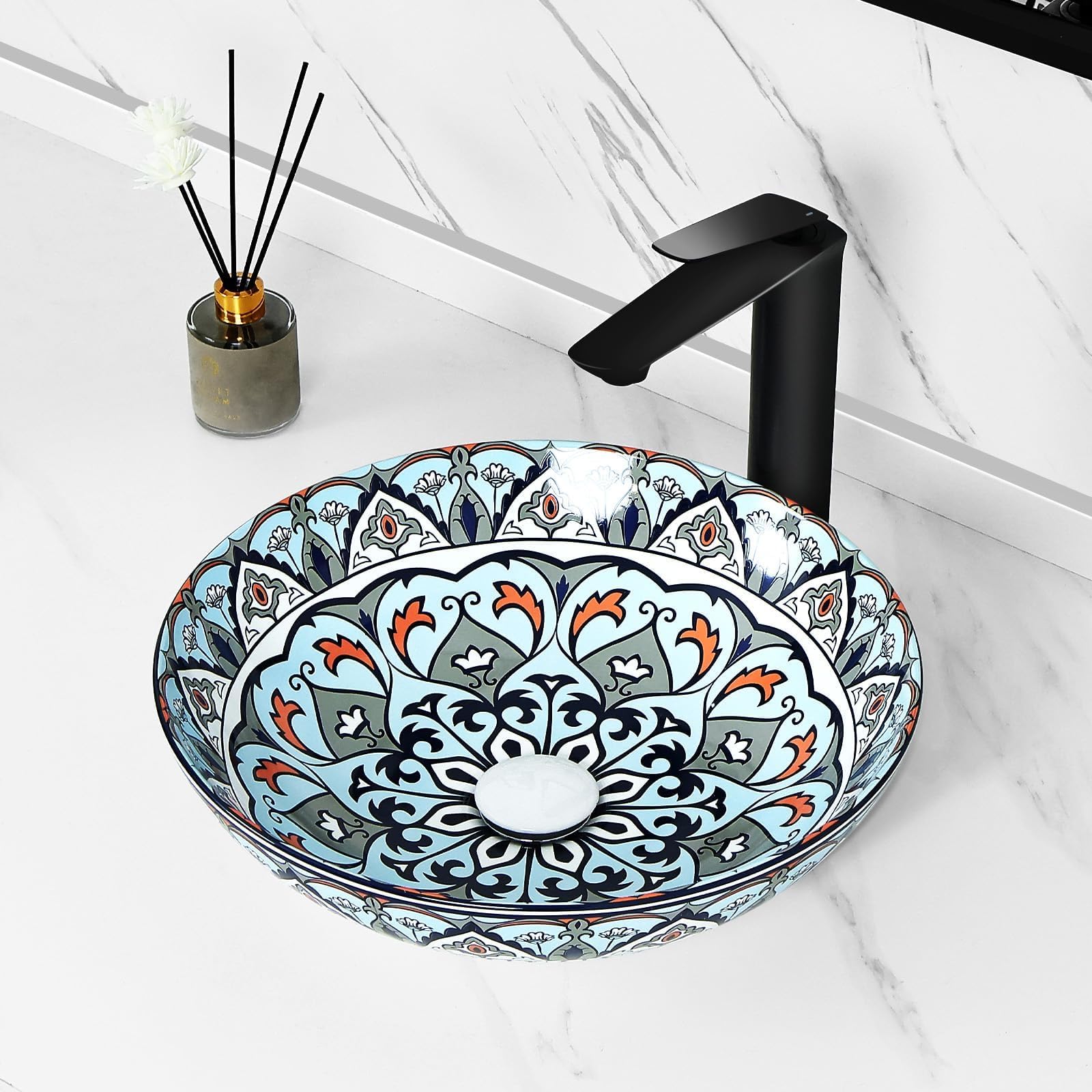 Qualito Morroccan Table Top Wash Basin for Bathroom, Living Room, Hall, Dinning Room | Countertop/Over Counter Ceramic Bathroom Sink | Designer Art Wash Basin (16x16 Inch) (B0CVG1T3CJ) Amazon Price History, Amazon Price Tracker