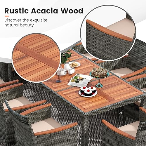 Miniatura 6 de Tangkula Juego de comedor de mimbre para exteriores, juego de muebles de comedor de patio con mesa de madera de acacia y 8 sillones, juego de mesa y
