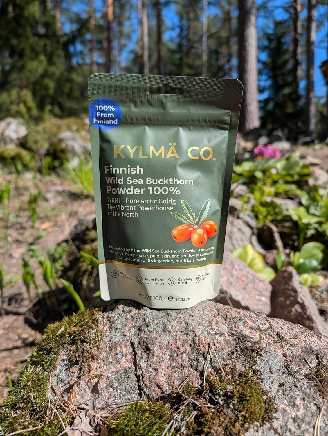 Kylmä Co. Olivello Spinoso Selvatico in Polvere 3 x 100 G Confezione Convenienza | 100% Olivello Spinoso (Hippophaë rhamnoides) Dalla Finlandia | Essiccato all'aria | Vegano | Senza Glutine
