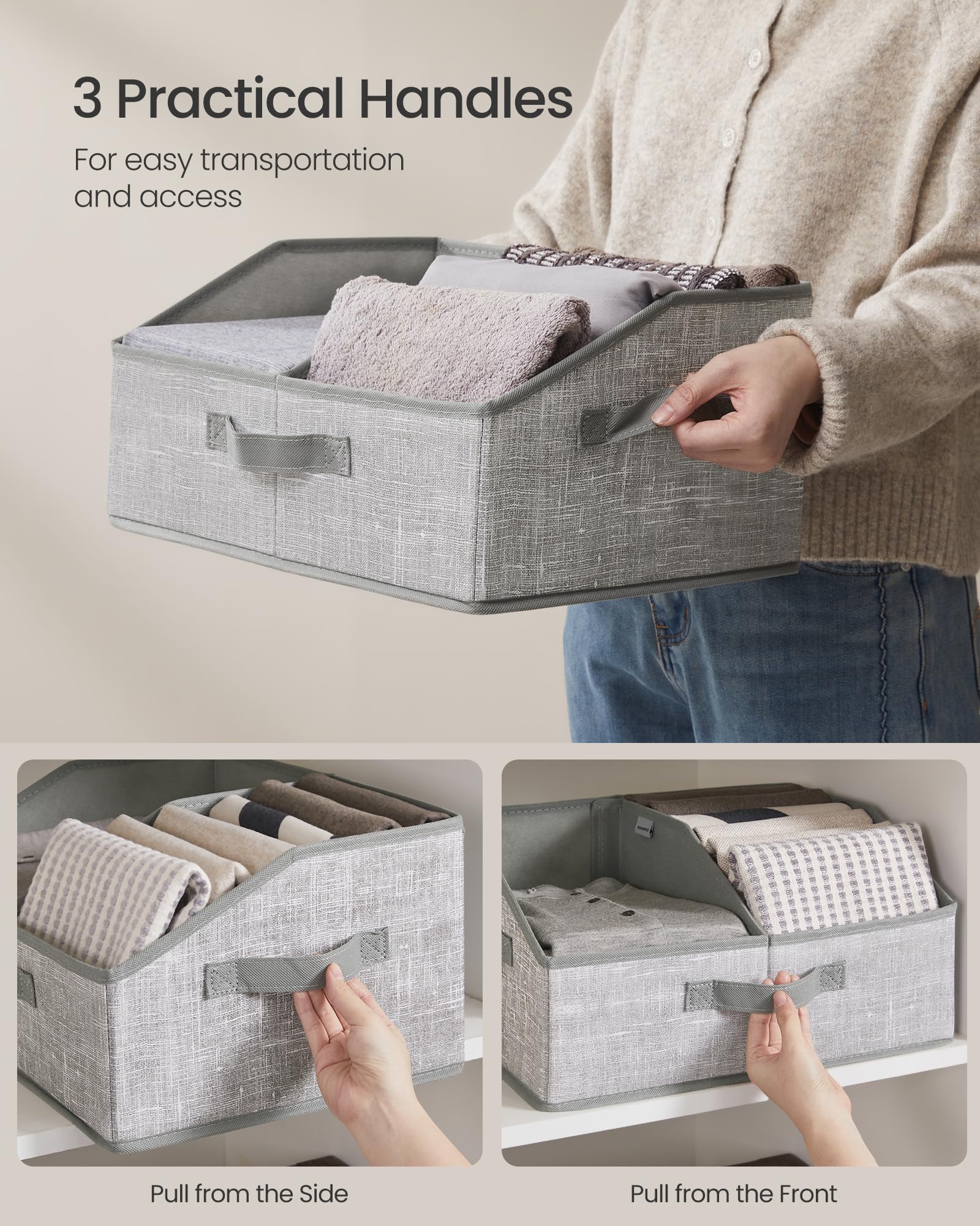 SONGMICS Set di 6 cestini portaoggetti, pieghevoli, scatole in tessuto, 40 x 30 x 20 cm, organizer per armadio, 3 manici, per camera da letto, soggiorno, grigio torta, URFB0140G01