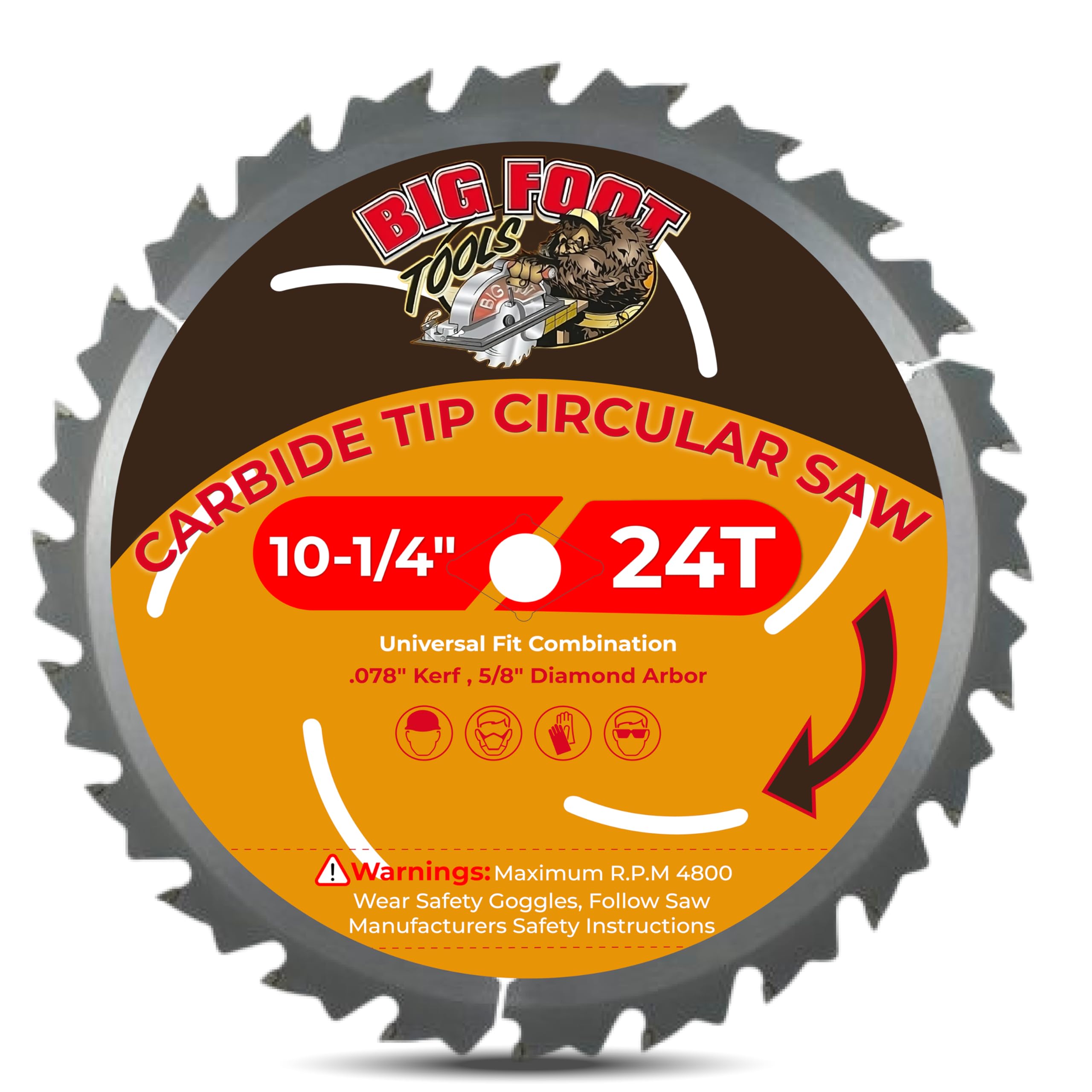 - Big Foot 10 1/4 Circular Saw Blade 24 Tooth Carbide Tipped Circular Saw Blade - 10-1/4" Diameter - 5/8" Arbor